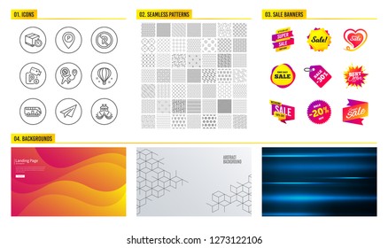 Seamless pattern. Shopping mall banners. Set of Parking security, Bus tour and No parking icons. Air balloon, Delivery timer and Paper plane signs. Flight sale, Ship symbols. Vector