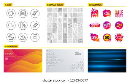 Seamless pattern. Shopping mall banners. Set of Electric guitar, Luggage and Blocked card icons. Fast payment, Cv documents and Human sing signs. Hot sale, Recycle and Report document symbols. Vector