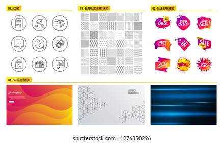 Seamless pattern. Shopping mall banners. Set of Holiday presents, Blog and Question mark icons. Attachment, Throw hats and Push cart signs. Payment, Shopping bag and Analytical chat symbols. Vector