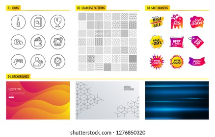Seamless pattern. Shopping mall banners. Set of Search files, Debit card and Fragile package icons. Payment, Champagne and Security signs. Quickstart guide, Bus parking and Certificate symbols