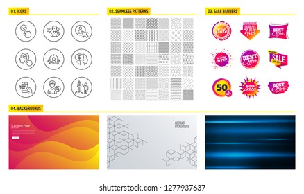 Seamless pattern. Shopping mall banners. Set of People, User and Business targeting icons. Pay, Search people and Select user signs. Checkbox, Education and Launch project symbols. Vector