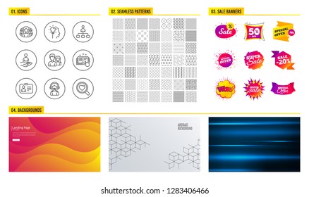 Seamless pattern. Shopping mall banners. Set of Technical documentation, Management and Idea icons. Id card, Support and Women group signs. Teamwork, Recruitment and Search love symbols. Vector