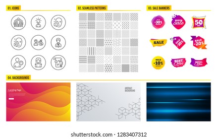 Seamless pattern. Shopping mall banners. Set of Education, Face attention and Group icons. Face declined, Businessman and Time management signs. Sallary, Woman and Manual doc symbols. Vector