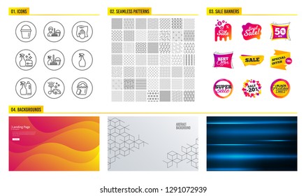 Seamless pattern. Shopping mall banners. Set of Bucket, Vacuum cleaner and Cleaning service icons. Shampoo and spray, Household service and Spray signs. Washing cloth, Sponge symbols. Vector