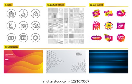 Seamless pattern. Shopping mall banners. Set of Survey results, Love chat and Cognac bottle icons. Circus tent, Banking and Communication signs. Copyright laptop, Delivery timer and Security symbols