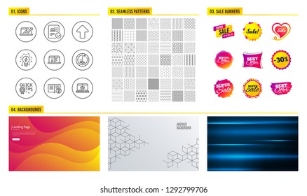 Seamless pattern. Shopping mall banners. Set of 48 hours, Inspiration and Upload icons. Web lectures, Sales diagram and Help signs. Checked calculation, Quick tips and Online shopping symbols. Vector
