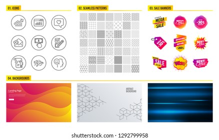Seamless pattern. Shopping mall banners. Set of Checkbox, Send mail and Payment click icons. Web traffic, Demand curve and Airplane signs. Manual doc, Love message and Good mood symbols. Vector