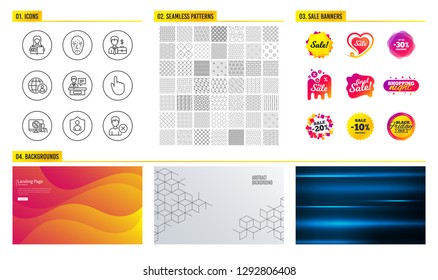 Seamless pattern. Shopping mall banners. Set of Hand click, Face biometrics and Online shopping icons. Security, Exhibitors and Businessman case signs. Vector