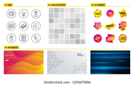 Seamless pattern. Shopping mall banners. Set of Money transfer, Checklist and Dollar icons. Smartphone sms, Exchange currency and Takeaway signs. Student, Idea and Checkbox symbols. Vector