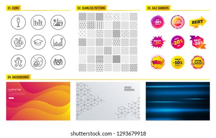 Seamless pattern. Shopping mall banners. Set of Tea cup, Upper arrows and Face cream icons. Efficacy, Gingerbread man and Graduation cap signs. Vector