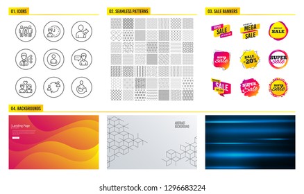 Seamless pattern. Shopping mall banners. Set of Person talk, Avatar and Couple love icons. Third party, User communication and Working hours signs. Refer friend, Partnership and Share symbols. Vector
