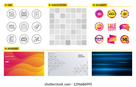 Seamless pattern. Shopping mall banners. Set of Check investment, Incoming mail and Technical documentation icons. Partnership, Phone payment and Read instruction signs. Vector