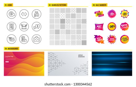 Seamless pattern. Shopping mall banners. Set of Mobile survey, Creativity concept and Dollar exchange icons. Payment received, Quick tips and Communication signs. Vector