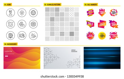 Seamless pattern. Shopping mall banners. Set of Elevator, Face biometrics and Artificial intelligence icons. Face detect, Opinion and Messenger mail signs. Student, Head and Skin care symbols. Vector