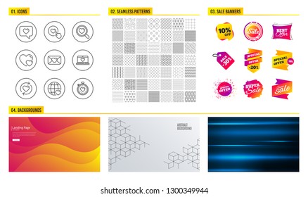 Seamless pattern. Shopping mall banners. Set of Web love, Update relationships and Valentine icons. Hearts, Search love and Like button signs. Heartbeat timer symbol. Vector