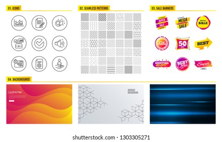 Seamless pattern. Shopping mall banners. Set of Technical documentation, Investment and Quick tips icons. Paint brush, Article and Loud sound signs. Business portfolio, Verify and Recruitment symbols