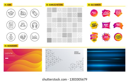Seamless pattern. Shopping mall banners. Set of Headphones, Receive file and File icons. Usb flash, Engineering and Contactless payment signs. Correct answer, Salary and Trade infochart symbols