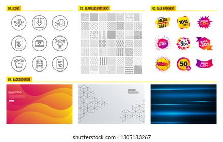 Seamless pattern. Shopping mall banners. Set of Web love, Dating and File settings icons. Train, Correct answer and Load document signs. Microphone, Alarm clock and View document symbols. Vector