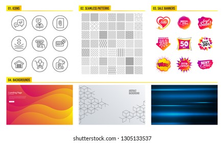 Seamless pattern. Shopping mall banners. Set of Approve, Cashback and Support service icons. Attachment, Credit card and Resilience signs. Shopping, Parking garage and Parking security symbols