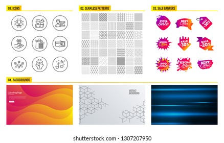 Seamless pattern. Shopping mall banners. Set of Correct answer, Shopping bags and Ship icons. Trophy, Payment methods and Cleaning signs. Loyalty program, Success business and Musical note symbols