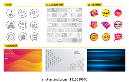 Seamless pattern. Shopping mall banners. Set of Speech bubble, Parking security and Typewriter icons. Parcel, Euro money and Income money signs. Shopping bags, Writer and Checked file symbols. Vector