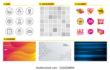 Seamless pattern. Shopping mall banners. Set of Parcel tracking, Parking and Shipping support icons. Lift, Bumper cars and Ship signs. Package location, Location and Car symbols. Vector
