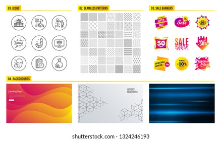 Seamless pattern. Shopping mall banners. Set of Web shop, Exam time and Candy icons. Vacuum cleaner, Creative idea and Idea signs. Circus, Healthy face and Cash symbols. Vector
