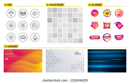 Seamless pattern. Shopping mall banners. Set of Laureate award, Taxi and Networking icons. Multichannel, Survey check and Euro money signs. Paint brush, Victory and Doppio symbols. Vector