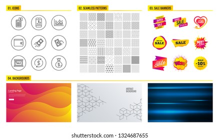 Seamless pattern. Shopping mall banners. Set of Calculator, Investment and Usd exchange icons. Mobile finance, Pay money and Fast payment signs. Money wallet, Sale symbols. Vector