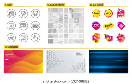 Seamless pattern. Shopping mall banners. Set of Search files, Architectural plan and Finance calculator icons. Quickstart guide, Dj controller and Winner signs. Vector