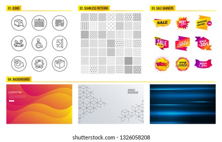 Seamless pattern. Shopping mall banners. Set of Exit, 24 hours and Disabled icons. Parking place, Parking garage and Search package signs. Bus, Parcel symbols. Escape, Repeat, Handicapped wheelchair