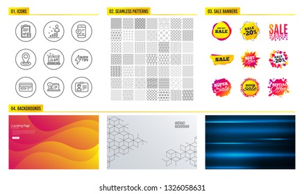 Seamless pattern. Shopping mall banners. Set of Stats, Location and Quickstart guide icons. Smartphone notification, Accounting checklist and Credit card signs. Vector