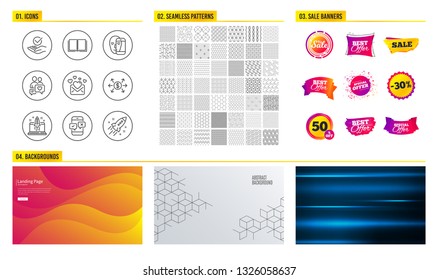 Seamless pattern. Shopping mall banners. Set of Dating chat, Approved and Start business icons. Book, Face biometrics and Phone survey signs. Love mail, Dollar exchange and Startup rocket symbols