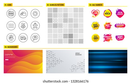 Seamless pattern. Shopping mall banners. Set of Snowman, Gingerbread man and Sun icons. Waves, Gift and Free delivery signs. Opened gift, Fastpass symbols. New year, Christmas cookie, Summer. Vector