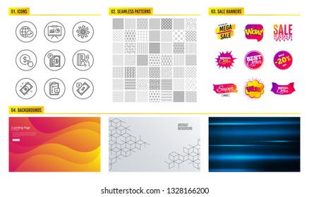 Seamless pattern. Shopping mall banners. Set of Euro money, Versatile and World statistics icons. Parking payment, Checklist and Buy currency signs. Presentation, Contactless payment symbols. Vector