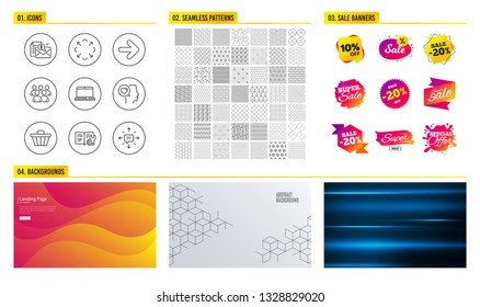 Seamless pattern. Shopping mall banners. Set of Shop cart, Engineering documentation and Maximize icons. Notebook, Romantic talk and Accounting report signs. Next, Group and Sms symbols. Vector