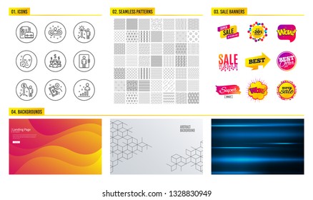 Seamless pattern. Shopping mall banners. Set of Income money, Vacancy and Elevator icons. Payment method, Salary employees and Face accepted signs. Creative idea, Recruitment and Stats symbols