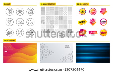 Seamless pattern. Shopping mall banners. Set of Phone survey, Inspiration and Strategy icons. International globe, Search book and Human sing signs. Checkbox, Approved document and Sms symbols