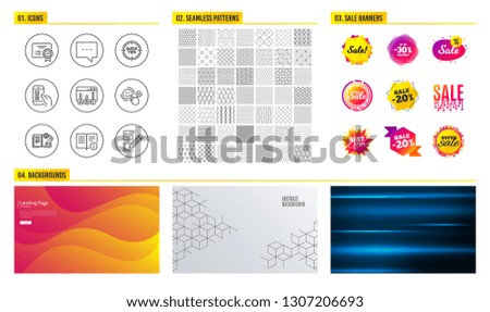 Seamless pattern. Shopping mall banners. Set of Blog, Survey results and Mobile survey icons. Technical info, Certificate and Tips signs. Vector