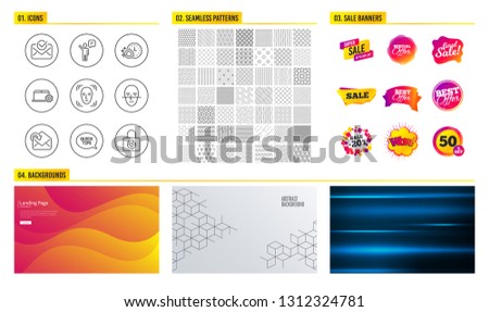 Seamless pattern. Shopping mall banners. Set of Face detection, Agent and Face recognition icons. Approved mail, Notebook service and Receive mail signs. Vector