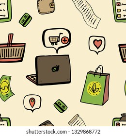 Seamless pattern. Shopping online store, products, sales, discounts. Hand drawing for your design. For your backgrounds, websites, banners, postcard