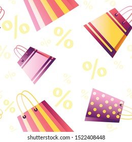 Seamless pattern of shopping paper bag with sale tag % flat vector illustration on white background with percentage symbol