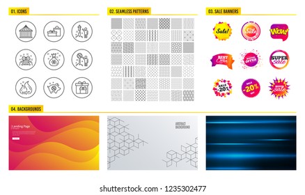 Seamless pattern. Shopping sale banners. Set of Piggy sale, Santa sack and Gift icons. Carousels, Fireworks and Gifts signs. Discount, Hot sale and Delivery boxes symbols. Vector