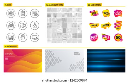 Seamless pattern. Shopping sale banners. Set of Home, Approved documentation and Atm icons. Ship, Approved checklist and Typewriter signs. Face id, Presentation and Monitor settings symbols. Vector