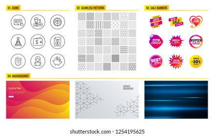 Seamless pattern. Shopping sale banners. Set of Parcel tracking, Technical info and Christmas tree icons. Businessman case, Woman and Fast delivery signs. Vector