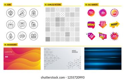 Seamless pattern. Shopping sale banners. Set of Sale megaphone, Coupons and Holidays shopping icons. Creative idea, Wish list and Present box signs. Fireworks, Clown and Gift symbols. Vector