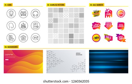 Seamless pattern. Shopping sale banners. Set of Air balloon, Salary employees and Partnership icons. Report checklist, Head and Parking signs. Headphones, Payment card and Message symbols. Vector