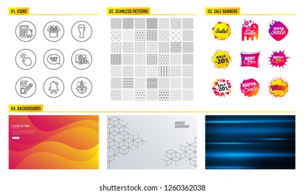 Seamless pattern. Shopping sale banners. Set of Hat-trick, Clock bell and Checkbox icons. Quickstart guide, Online shopping and Touchpoint signs. Beer glass, Calculator alarm and Startup symbols