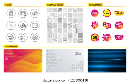 Seamless pattern. Shopping sale banners. Set of Paint brush, Approved checklist and Healthy face icons. Money wallet, Cash and Payment method signs. Diploma, Comments and Service symbols. Vector