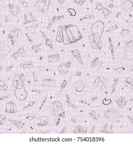 Seamless pattern with shopping sale icons. Woman holiday purchase, hand drawn vector background